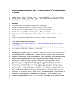 Salmonella Enterica Genomes from Victims of a Major 16 Century Epidemic 2 in Mexico