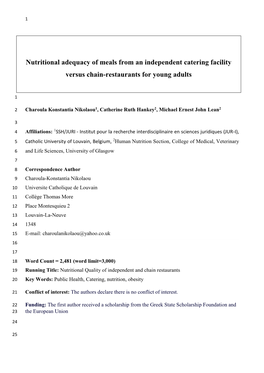 Nutritional Adequacy of Meals from an Independent Catering Facility Versus Chain-Restaurants for Young Adults