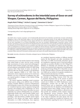 Survey of Echinoderms in the Intertidal Zone of Goso-On and Vinapor, Carmen, Agusan Del Norte, Philippines
