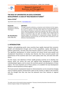 THE ROLE of UNIVERSITIES in LOCAL ECONOMIC DEVELOPMENT: a CASE of TRA2 REGION in TURKEY1 Haktan SEVINC1 1Agri Ibrahim Cecen University