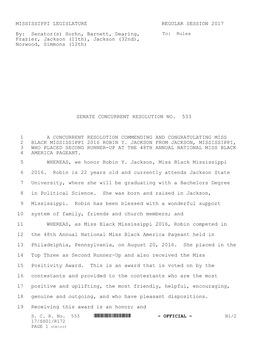 MISSISSIPPI LEGISLATURE REGULAR SESSION 2017 By: Senator(S) Horhn, Barnett, Dearing, Frazier, Jackson (11Th), Jackson