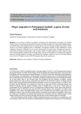 Player Migration in Portuguese Football: a Game of Exits and Entrances, Soccer & Society, DOI: 10.1080/14660970.2017.1419470