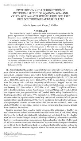 Distribution and Reproduction of Intertidal Species of <I>Aquilonastra