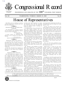 Congressional Record United States Th of America PROCEEDINGS and DEBATES of the 108 CONGRESS, FIRST SESSION