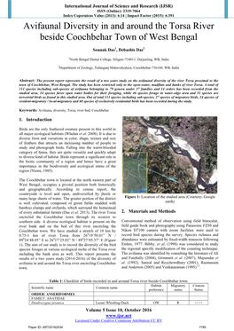 Avifaunal Diversity in and Around the Torsa River Beside Coochbehar Town of West Bengal