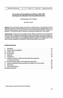 Der Verlust an Brutvogelarten Im Zeitraum 1900-1983 Am Beispiel Des Altkreises Hümmling (Niedersachsen)