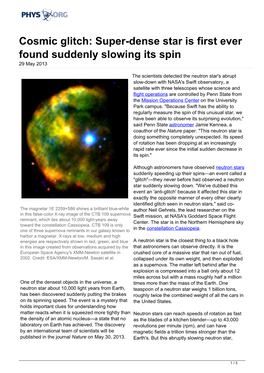 Cosmic Glitch: Super-Dense Star Is First Ever Found Suddenly Slowing Its Spin 29 May 2013