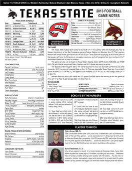 2013 FOOTBALL GAME NOTES TEXAS STATE SCHEDULE GAME 11 at a GLANCE Date Opponent Time/Result TV Date ------Saturday, Nov