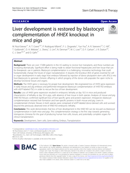 Liver Development Is Restored by Blastocyst Complementation of HHEX Knockout in Mice and Pigs M