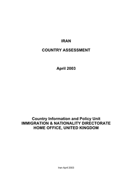 IRAN COUNTRY ASSESSMENT April 2003 Country Information And