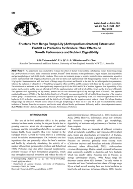 Arthropodium Cirratum) Extract and Frutafit As Prebiotics for Broilers: Their Effects on Growth Performance and Nutrient Digestibility