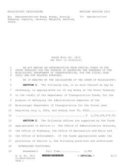 MISSISSIPPI LEGISLATURE REGULAR SESSION 2021 By: Representatives Read, Busby, Arnold, Eubanks, Hopkins, Jackson, Mangold