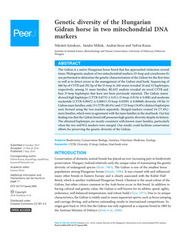 Genetic Diversity of the Hungarian Gidran Horse in Two Mitochondrial DNA Markers