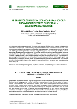 Az Erdei Vöröshangyák (Formica Rufa Csoport) Erdővédelmi Szerepe Európában – Szakirodalmi Áttekintés