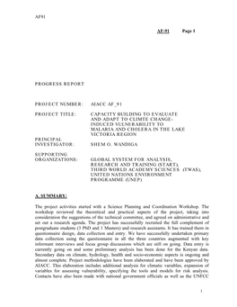 AF91 AF-91 Page 1 PROGRESS REPORT PROJECT NUMBER