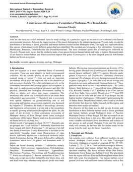 A Study on Ants (Hymenoptera: Formicidae) of Medinipur, West Bengal, India Angsuman Chanda PG Department of Zoology, Raja N