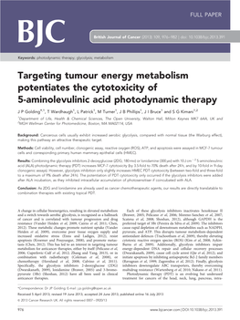 Targeting Tumour Energy Metabolism Potentiates the Cytotoxicity of 5-Aminolevulinic Acid Photodynamic Therapy