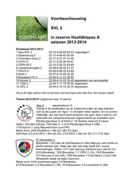 Voorbeschouwing SVL 2 in Reserve Hoofdklasse a Seizoen 2013-2014