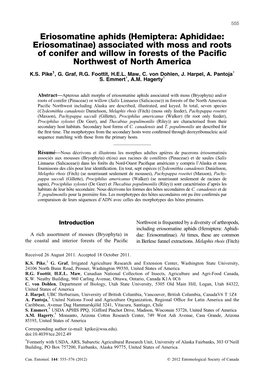 Eriosomatine Aphids (Hemiptera: Aphididae: Eriosomatinae) Associated with Moss and Roots of Conifer and Willow in Forests of the Paciﬁc Northwest of North America