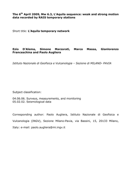 The 6Th April 2009, Mw 6.3, L'aquila Sequence: Weak and Strong Motion Data Recorded by RAIS Temporary Stations