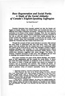 Race Regeneration and Social Purity. a Study of the Social Attitudes of Canada's English-Speaking Suffragists by Carol BACCHI*