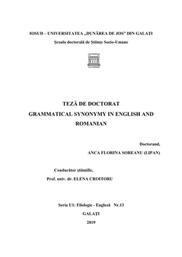 Teză De Doctorat Grammatical Synonymy in English and Romanian