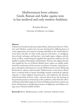 Mediterranean Horse Cultures: Greek, Roman and Arabic Equine Texts in Late Medieval and Early Modern Andalusia