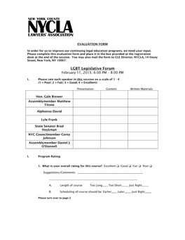 LGBT Legislative Forum February 11, 2015; 6:00 PM – 8:00 PM