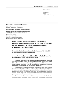 Press Release on the Outcome of the Working Meeting on the Development of the E 40 Waterway on the Dnieper-Vistula Section Held in Lutsk (Ukraine) 15-17 June 2015