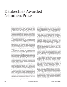 Daubechies Awarded Nemmers Prize