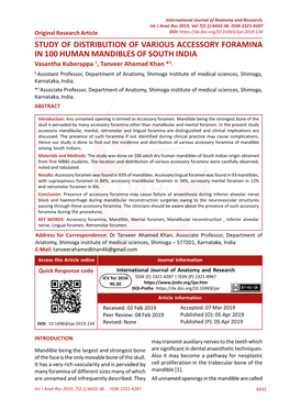 STUDY of DISTRIBUTION of VARIOUS ACCESSORY FORAMINA in 100 HUMAN MANDIBLES of SOUTH INDIA Vasantha Kuberappa 1, Tanveer Ahamad Khan *2