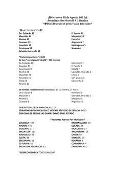 Miércoles 18 De Agosto 2021 Actualización #Covid19 Sinaloa