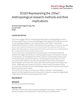 SO103 Representing the ‚Other': Anthropological Research Methods