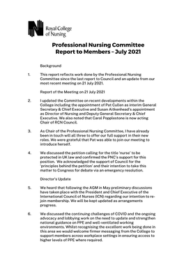 Professional Nursing Committee Report to Members – July 2021