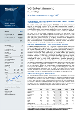 YG Entertainment (122870 KQ ) Ample Momentum Through 2020