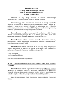 Protokół Nr IV/19 Z IV Sesji Rady Miejskiej W Pakości Odbytej W Dniu 21 Lutego 2019 R