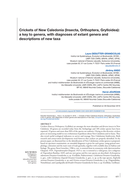 Crickets of New Caledonia (Insecta, Orthoptera, Grylloidea): a Key to Genera, with Diagnoses of Extant Genera and Descriptions of New Taxa