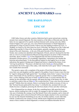 Ancient Landmarks Xxviii the Babylonian Epic of Gilgamesh