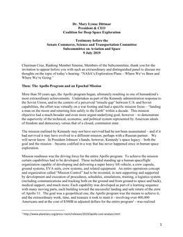 1 Dr. Mary Lynne Dittmar President & CEO Coalition for Deep Space Exploration Testimony Before the Senate Commerce, Science