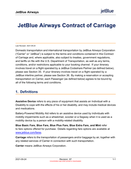 Jetblue Airways Contract of Carriage