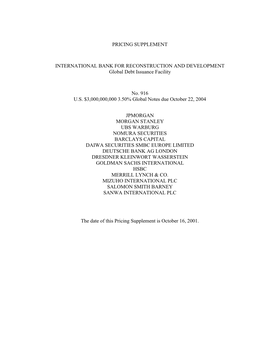 PRICING SUPPLEMENT INTERNATIONAL BANK for RECONSTRUCTION and DEVELOPMENT Global Debt Issuance Facility No. 916 U.S. $3,000,000,0