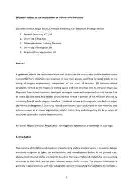 Structures Related to the Emplacement of Shallow-Level Intrusions David Westerman, Sergio Rocchi, Christoph Breitkreuz, Carl