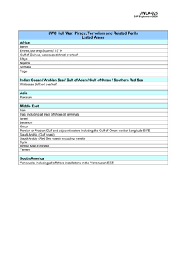 JWLA-025 JWC Hull War, Piracy, Terrorism and Related Perils Listed