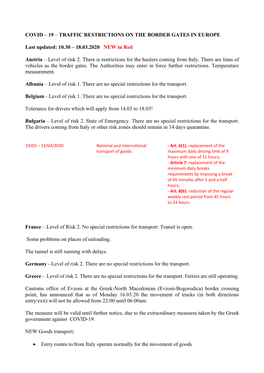 COVID – 19 – TRAFFIC RESTRICTIONS on the BORDER GATES in EUROPE Last Updated: 10.30 – 18.03.2020 NEW in Red Austria –