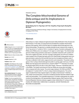 The Complete Mitochondrial Genome of Delia Antiqua and Its Implications in Dipteran Phylogenetics