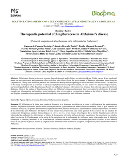 Therapeutic Potential of Zingiberaceae in Alzheimer's Disease