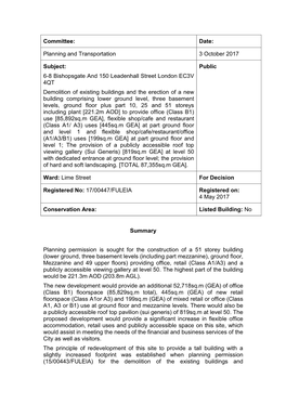 Committee: Date: Planning and Transportation 3 October 2017 Subject: 6-8 Bishopsgate and 150 Leadenhall Street London EC3V