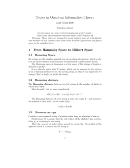 Topics in Quantum Information Theory Lent Term 2006