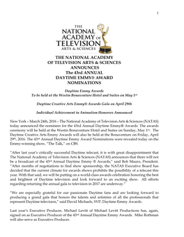43Rd Annual Daytime Emmy Award Nominations Were Revealed Today on the Emmy-Winning Show, “The Talk,” on CBS