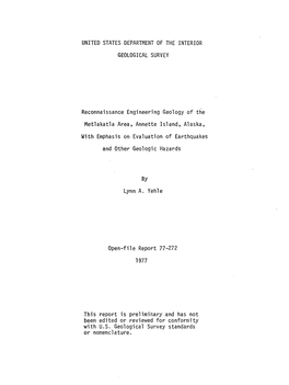 Reconnaissance Engineering Geology of the Metlakatla Area, Annette Island, Alaska, with Emphasis on Evaluation of Earthquakes and Other Geologic Hazards